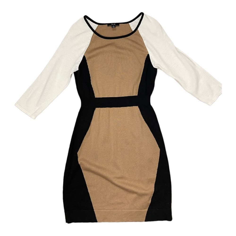 AGB Womens Size M Color Block Sweater Dress 3/4 Sleeves Black Tan White MIDI - Picture 8 of 8